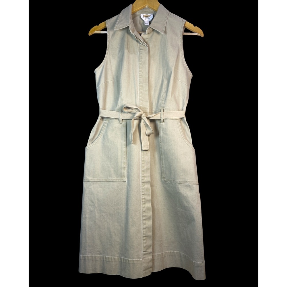 Talbots Petites Khaki Tan Sleeveless Stretch Shirt Dress Size 8P Belted Midi
